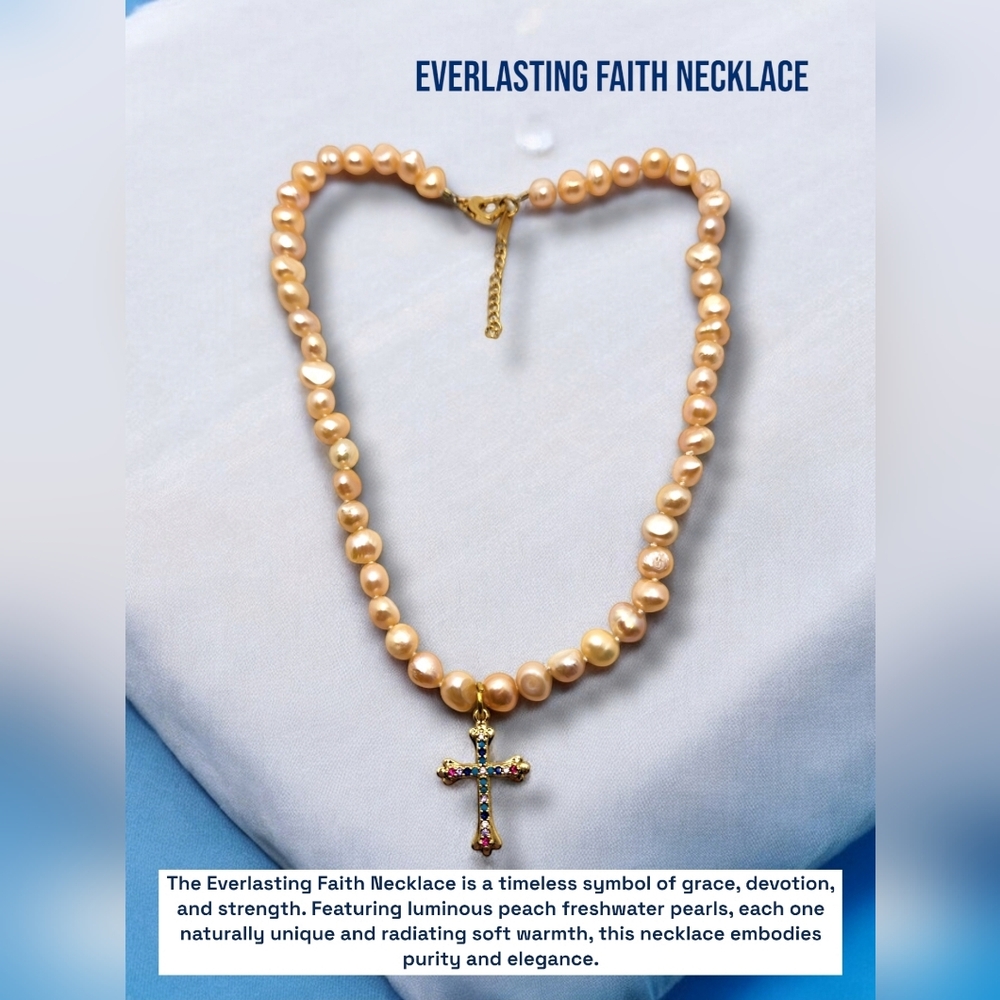 Peach Freshwater Pearl Gold Zirconia Cross Necklace
